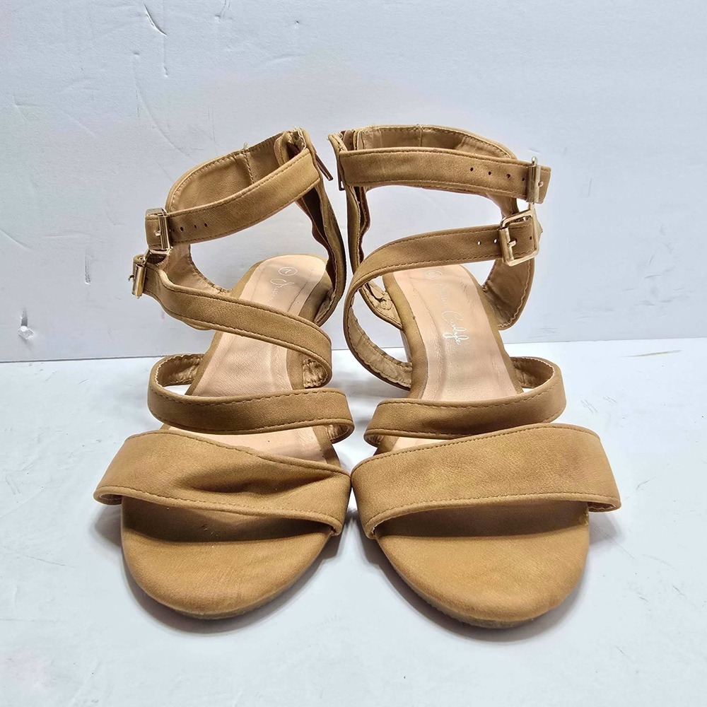 Jessica Carlyle Tan Strappy Cork Wedge Sandals Womens Size 7 Buckle Back Zip